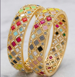 Cultural Heritage Gold Bangles Adorned with Colorful Enamel, Sparkling Crystals, and Intricate Geometric Motifs